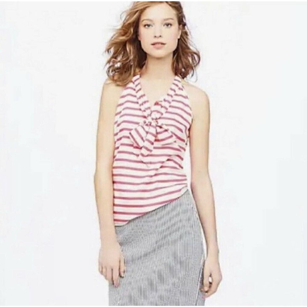 J.Crew Women's Coral-Red & Ivory Stripe Silk Bow Blouse Tank Neck Tie EUC Size 2